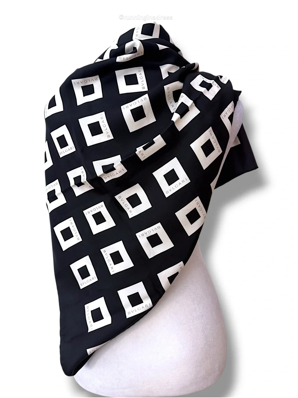BVLGARI Vintage Quadrato Silk Scarf Black Cream Copper Geometric Square 90cm